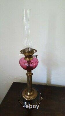 Antique Victorian Oil Lamp Etched Shade And Glass Chimney Excellent Condition