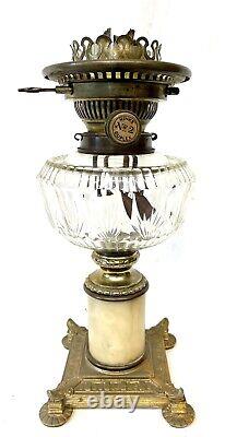 Antique Victorian Oil Lamp Gilt & Marble Column Base HINKS No. 2 DUPLEX Burner