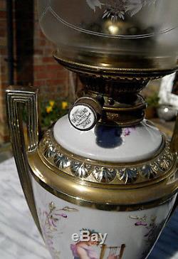Antique Victorian Oil Lamp Greek Revival Handpainted Porcelain Etched Shade