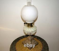 Antique Victorian Oil Lamp Painted Milk Glass + Globe & Decorative Metal Base