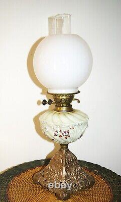 Antique Victorian Oil Lamp Painted Milk Glass + Globe & Decorative Metal Base