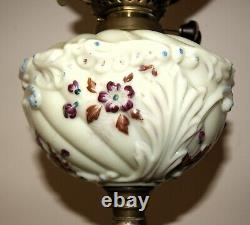 Antique Victorian Oil Lamp Painted Milk Glass + Globe & Decorative Metal Base