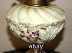 Antique Victorian Oil Lamp Painted Milk Glass + Globe & Decorative Metal Base