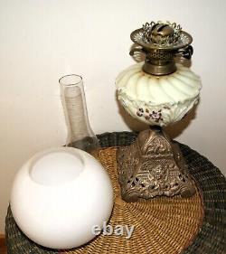 Antique Victorian Oil Lamp Painted Milk Glass + Globe & Decorative Metal Base