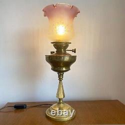 Antique Victorian Oil Lamp & Pink Acid Etched Glass Shade Converted 57cm