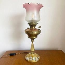 Antique Victorian Oil Lamp & Pink Acid Etched Glass Shade Converted 57cm