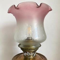 Antique Victorian Oil Lamp & Pink Acid Etched Glass Shade Converted 57cm