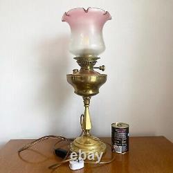 Antique Victorian Oil Lamp & Pink Acid Etched Glass Shade Converted 57cm