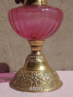 Antique Victorian Oil Lamp Pink Cranberry Glass Font & Brass Base Duplex Burner