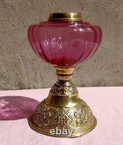 Antique Victorian Oil Lamp Pink Cranberry Glass Font & Brass Base Duplex Burner