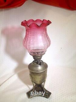 Antique Victorian Oil Lamp R. E. & S. Evered & CO. England Cranberry Etched Shade