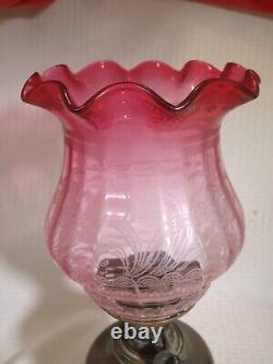 Antique Victorian Oil Lamp R. E. & S. Evered & CO. England Cranberry Etched Shade