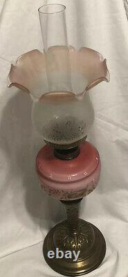 Antique Victorian Oil Lamp Tall Hand Painted Glass Cranberry Acid Etched Shade