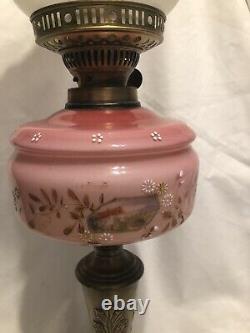 Antique Victorian Oil Lamp Tall Hand Painted Glass Cranberry Acid Etched Shade