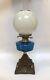 Antique Victorian Oil Lamp Teal Font Pearlised Globe Shade Lion And Ball Base