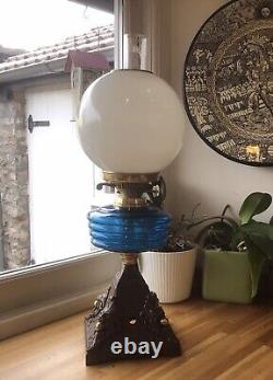 Antique Victorian Oil Lamp Teal Font Pearlised Globe Shade Lion And Ball Base