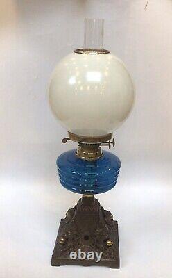 Antique Victorian Oil Lamp Teal Font Pearlised Globe Shade Lion And Ball Base