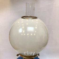 Antique Victorian Oil Lamp Teal Font Pearlised Globe Shade Lion And Ball Base