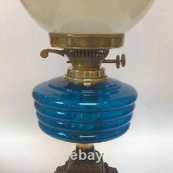 Antique Victorian Oil Lamp Teal Font Pearlised Globe Shade Lion And Ball Base