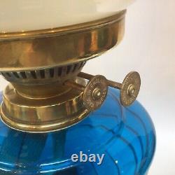 Antique Victorian Oil Lamp Teal Font Pearlised Globe Shade Lion And Ball Base