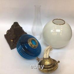 Antique Victorian Oil Lamp Teal Font Pearlised Globe Shade Lion And Ball Base