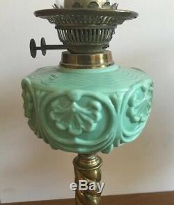 Antique Victorian Oil Lamp With Duckegg Green Coloured Glass & Brass Twist Stand