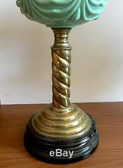 Antique Victorian Oil Lamp With Duckegg Green Coloured Glass & Brass Twist Stand