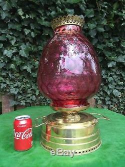 Antique Victorian Oil Lamp With Huge Cranberry Ruby Glass Shade