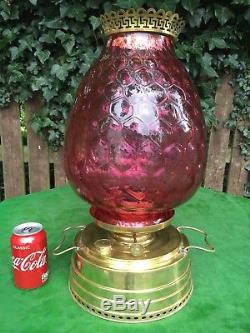Antique Victorian Oil Lamp With Huge Cranberry Ruby Glass Shade
