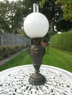 Antique Victorian Oil Lamp With Original Opal Shade & Chimney