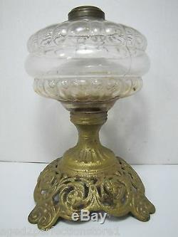 Antique Victorian Oil Lamp detailed cast iron base old gold paint bubbled glass