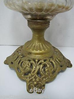 Antique Victorian Oil Lamp detailed cast iron base old gold paint bubbled glass