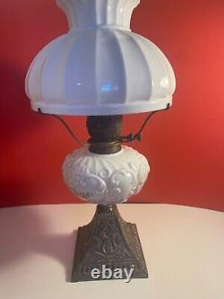 Antique Victorian Oil Lamp with Milk Glass shade, Glass tank and Glass Chimney