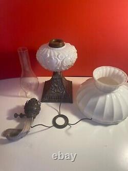 Antique Victorian Oil Lamp with Milk Glass shade, Glass tank and Glass Chimney