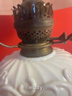 Antique Victorian Oil Lamp with Milk Glass shade, Glass tank and Glass Chimney