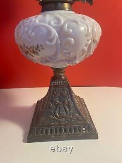 Antique Victorian Oil Lamp with Milk Glass shade, Glass tank and Glass Chimney