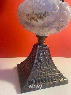 Antique Victorian Oil Lamp with Milk Glass shade, Glass tank and Glass Chimney