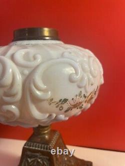 Antique Victorian Oil Lamp with Milk Glass shade, Glass tank and Glass Chimney