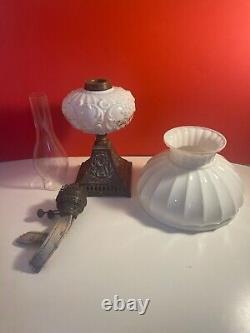 Antique Victorian Oil Lamp with Milk Glass shade, Glass tank and Glass Chimney