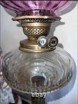 Antique Victorian Oil Tall lamp with Brass foot Pink Glass shade