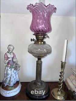 Antique Victorian Oil Tall lamp with Brass foot Pink Glass shade