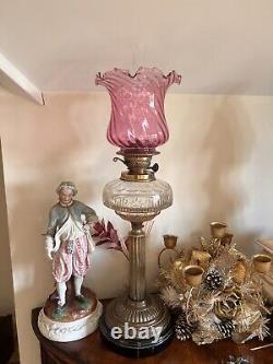 Antique Victorian Oil Tall lamp with Brass foot and Pink Glass shade