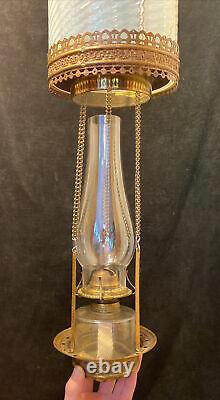 Antique Victorian Opalescent Glass Pull Down Hanging Oil Lamp Retracting