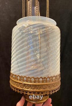 Antique Victorian Opalescent Glass Pull Down Hanging Oil Lamp Retracting
