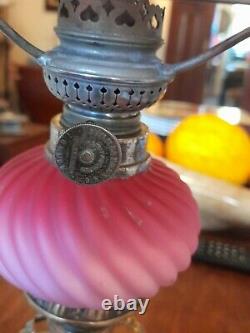 Antique Victorian Ornate Brass & Pink Cranberry Glass Oil Lamp Vintage
