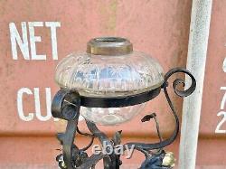 Antique Victorian Ornate Glass Oil Lamp Base On Wrought Iron Stand Rise & Fall