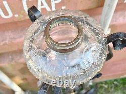 Antique Victorian Ornate Glass Oil Lamp Base On Wrought Iron Stand Rise & Fall