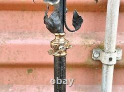 Antique Victorian Ornate Glass Oil Lamp Base On Wrought Iron Stand Rise & Fall