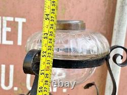 Antique Victorian Ornate Glass Oil Lamp Base On Wrought Iron Stand Rise & Fall