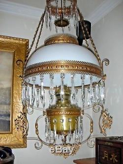- Antique Victorian Parlor Dining Room 14 Shade Hanging Oil Lamp Brass Frame
